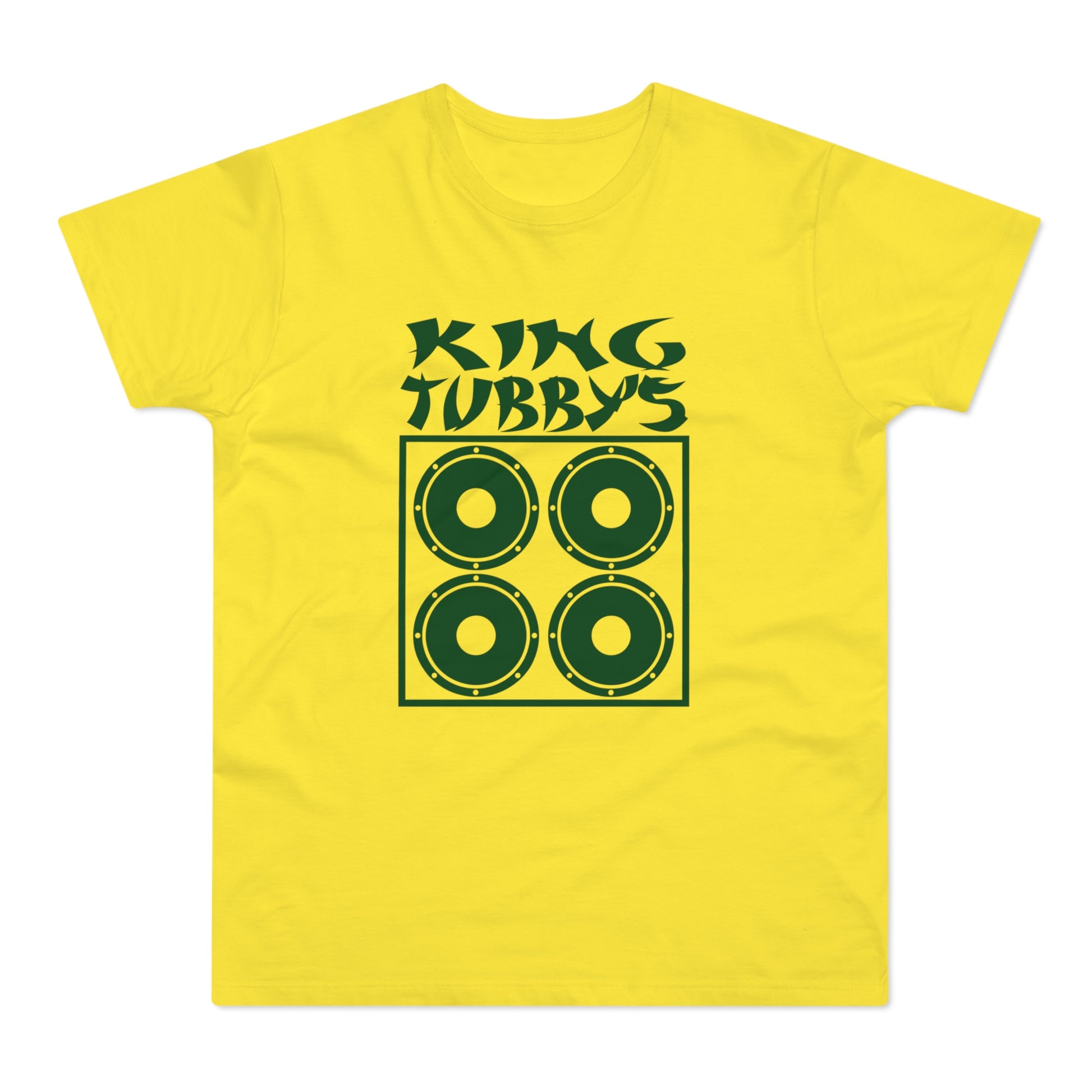 Yellow t-shirt with green "KING TUBBY'S" text and speaker graphic.
