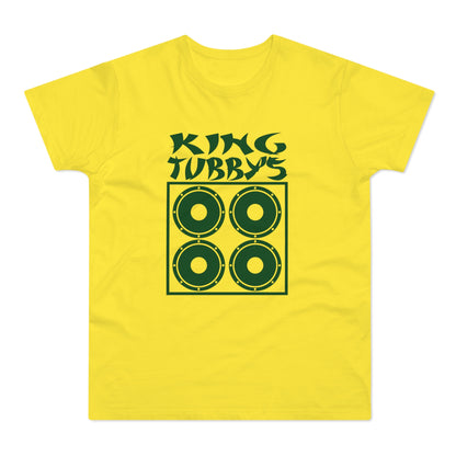 Yellow t-shirt with green "KING TUBBY'S" text and speaker graphic.