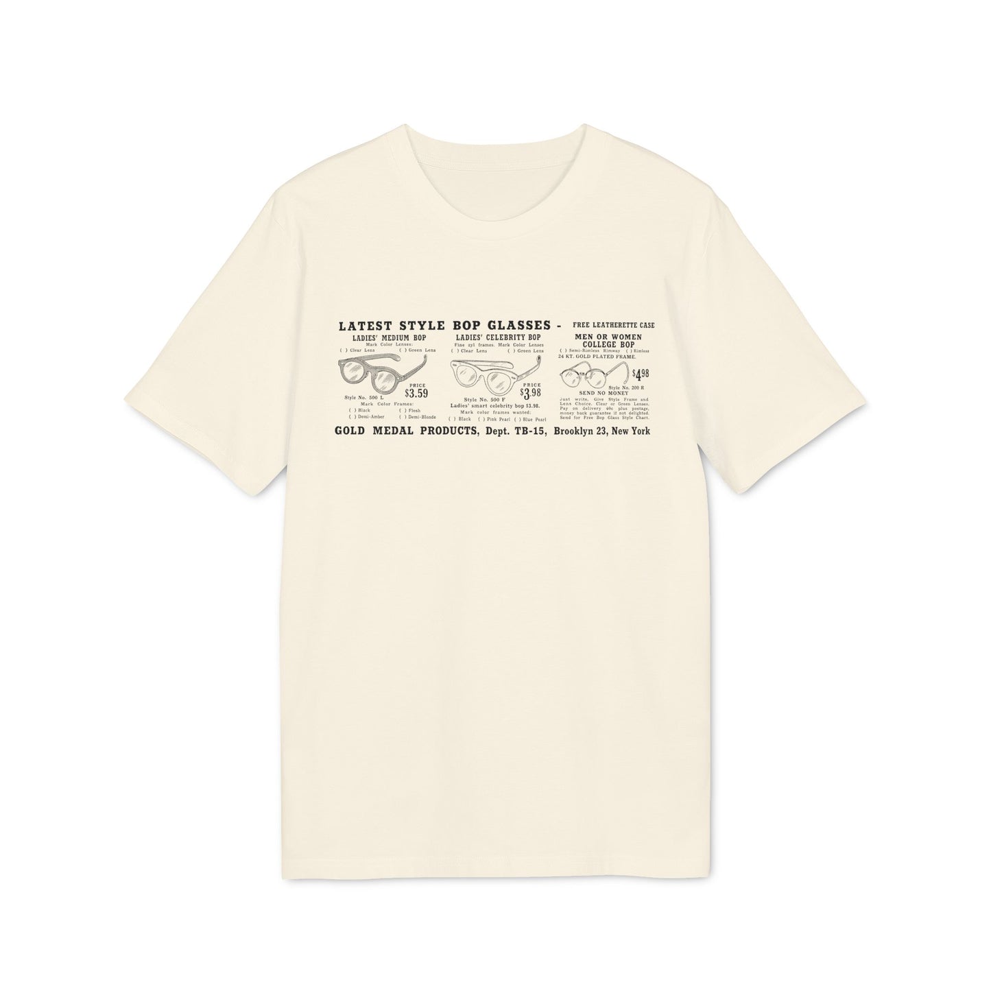 Cream t-shirt with vintage ad for eyeglasses, including prices.