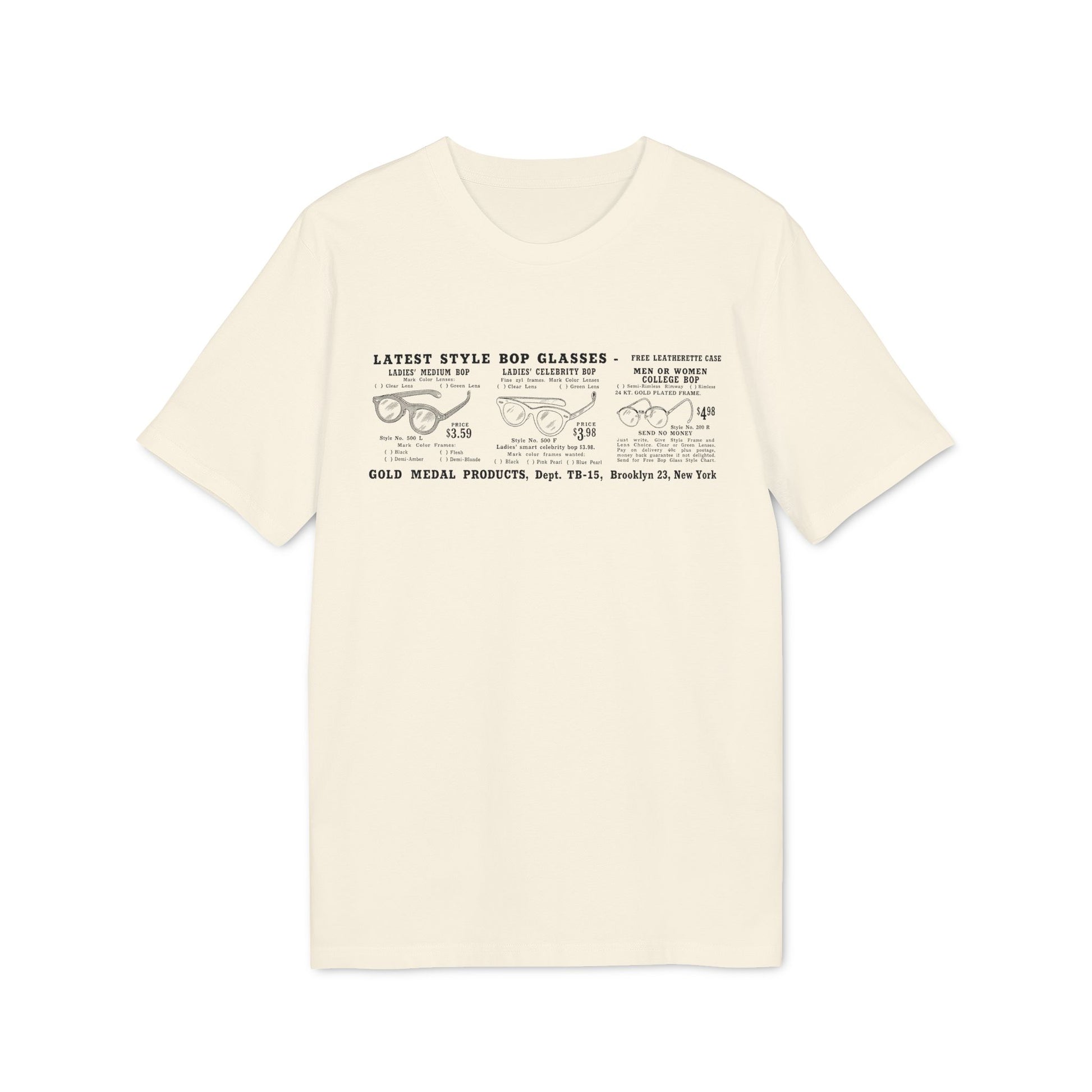 Cream t-shirt with vintage ad for eyeglasses, including prices.