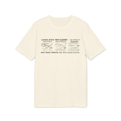 Cream t-shirt with vintage ad for eyeglasses, including prices.