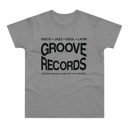 Grey t-shirt with "Groove Records" and music genres.