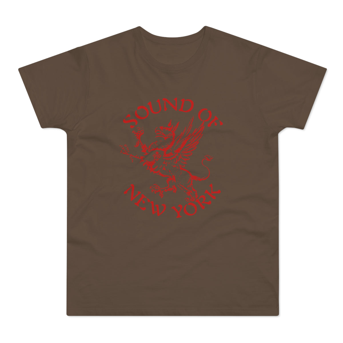 Brown t-shirt with red text "SOUND OF NEW YORK" and a griffin graphic.