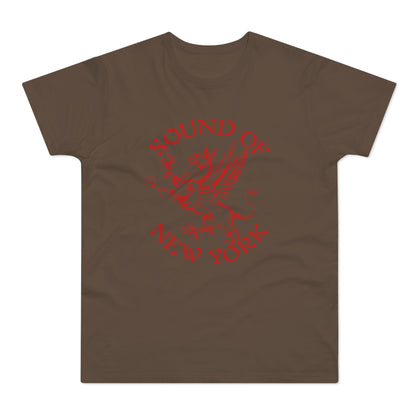 Brown t-shirt with red text "SOUND OF NEW YORK" and a griffin graphic.