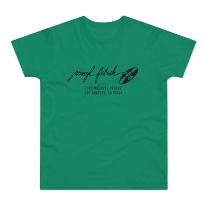 Green t-shirt with black text "Vinyl Fetish" and address.