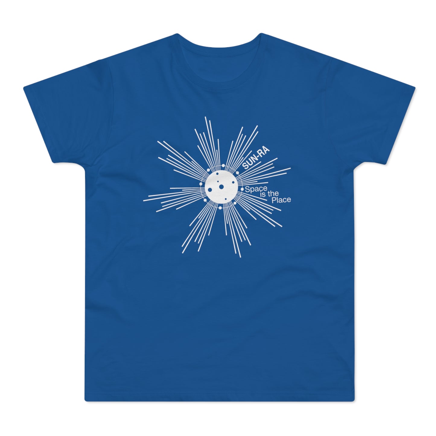 Blue t-shirt with white graphic of Sun-Ra's cosmos design and "Space Is The Place" text.
