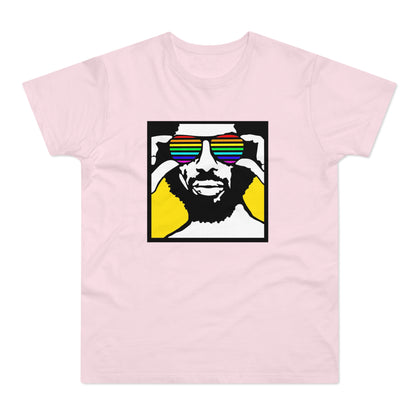 Pink t-shirt with graphic of man wearing rainbow sunglasses.