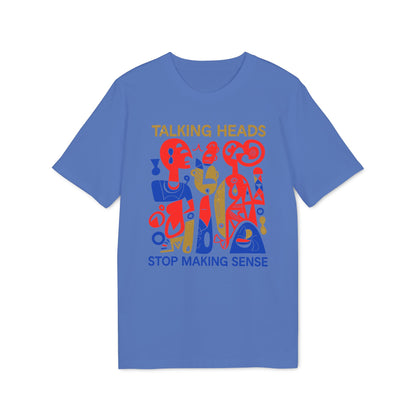 Talking Heads Stop Making Sense graphic on a blue t-shirt.