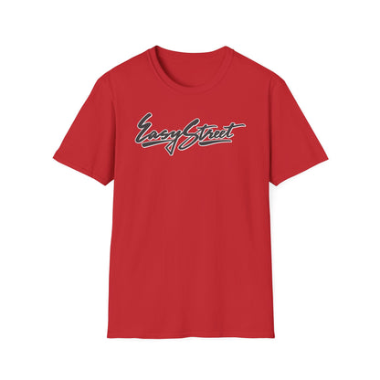 Red t-shirt with "Easy Street" text in black and white script.