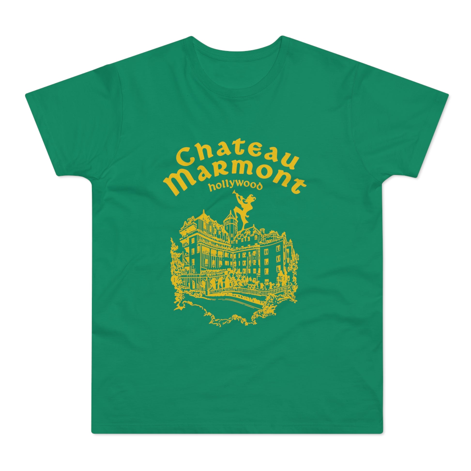 Green t-shirt with gold Chateau Marmont Hollywood art and building illustration.