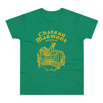Green t-shirt with gold Chateau Marmont Hollywood art and building illustration.