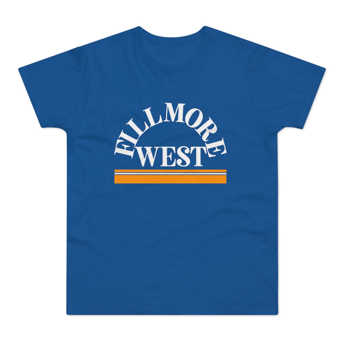 Blue t-shirt with white arched "FILLMORE" text above "WEST" and orange stripes.