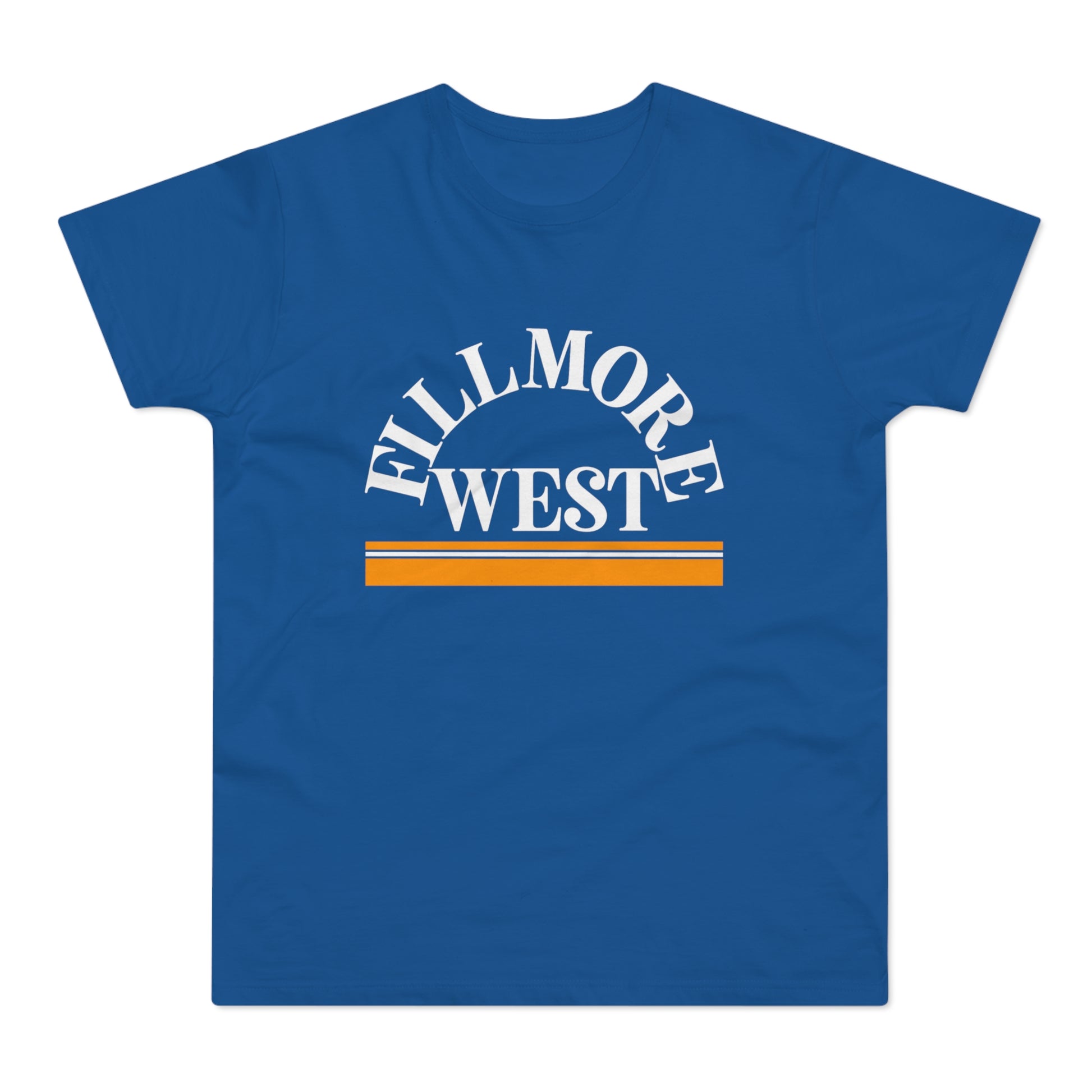 Blue t-shirt with white arched "FILLMORE" text above "WEST" and orange stripes.