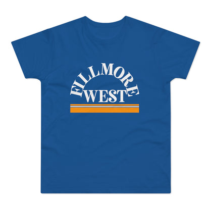 Blue t-shirt with white arched "FILLMORE" text above "WEST" and orange stripes.