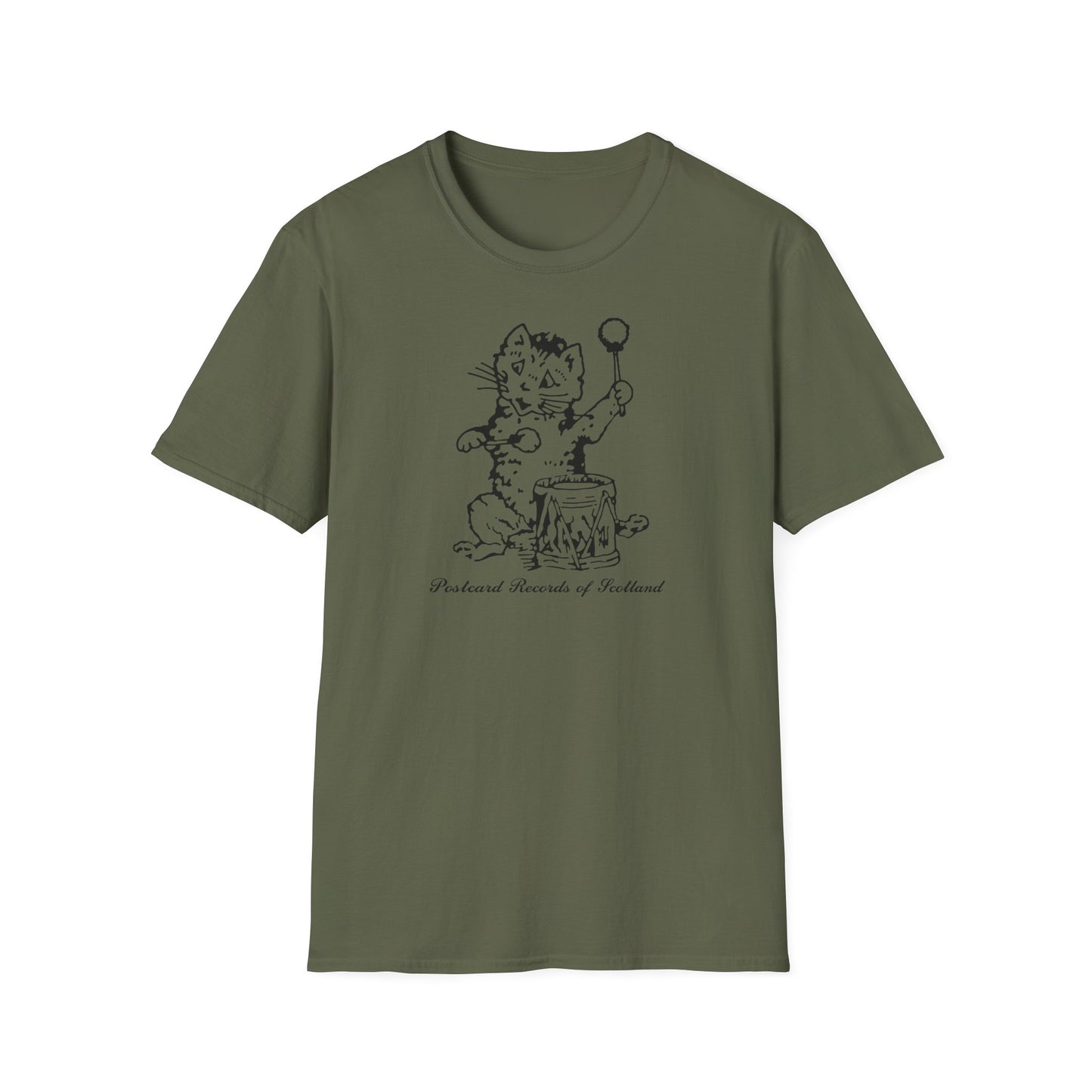 Olive green t-shirt with a black line drawing of a cat playing a drum, with text.