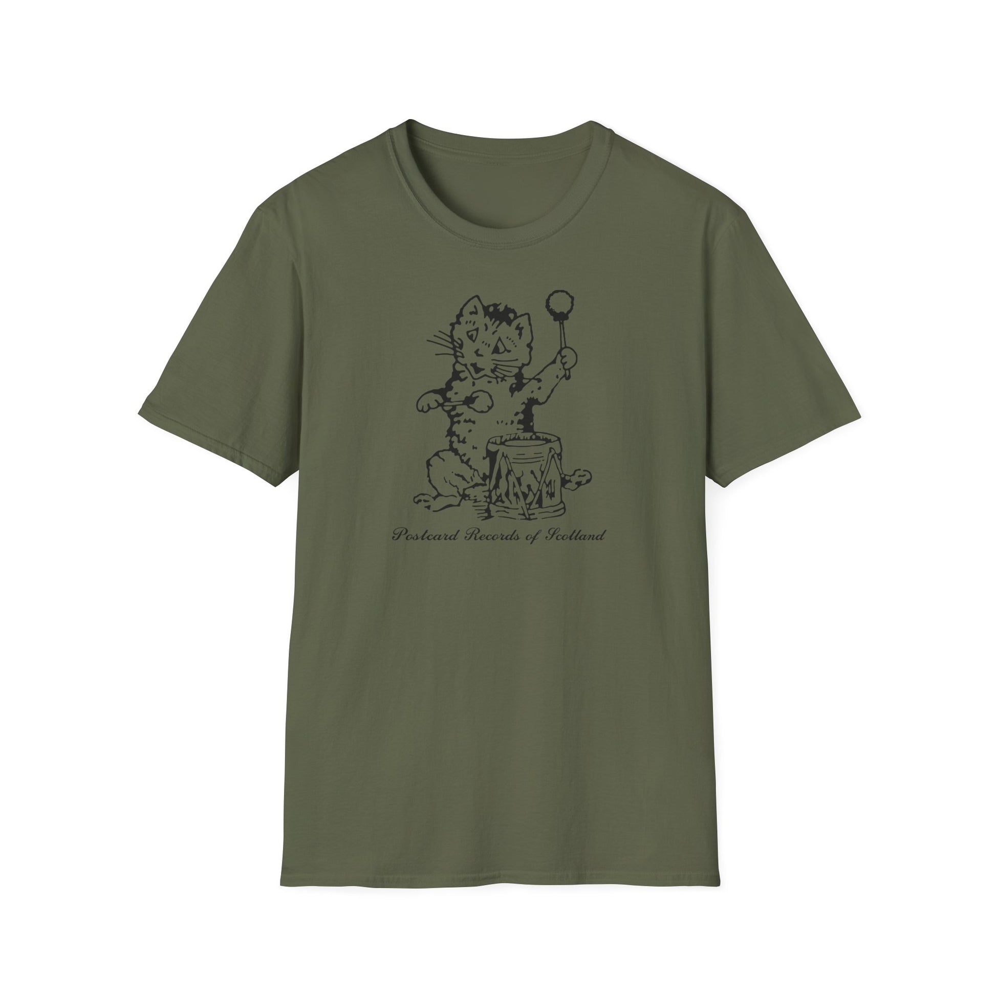 Olive green t-shirt with a black line drawing of a cat playing a drum, with text.