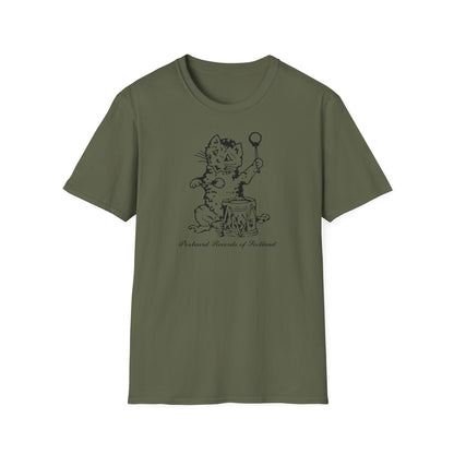 Olive green t-shirt with a black line drawing of a cat playing a drum, with text.