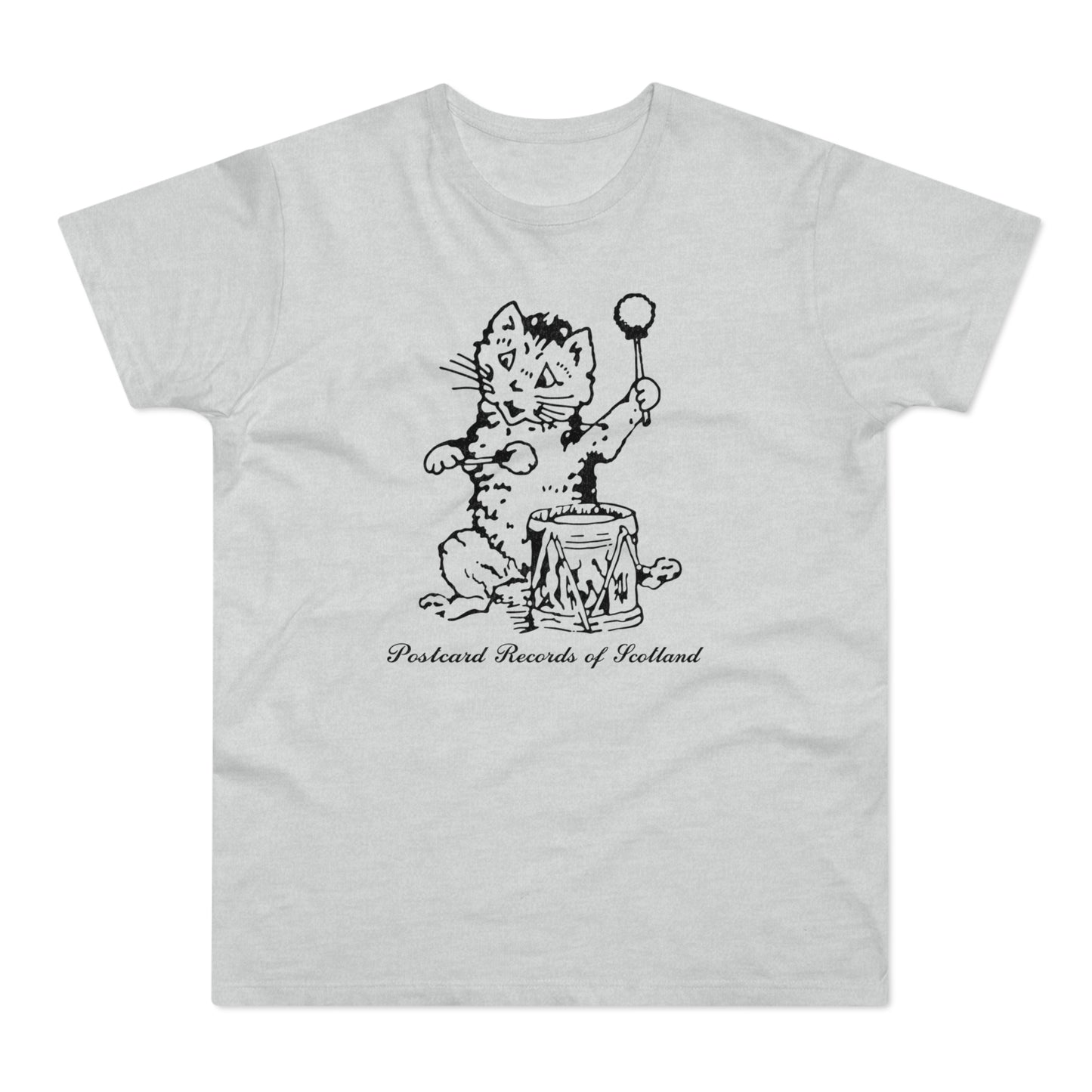 T-shirt with black graphic of a cat playing a drum, "Postcard Records of Scotland" text.