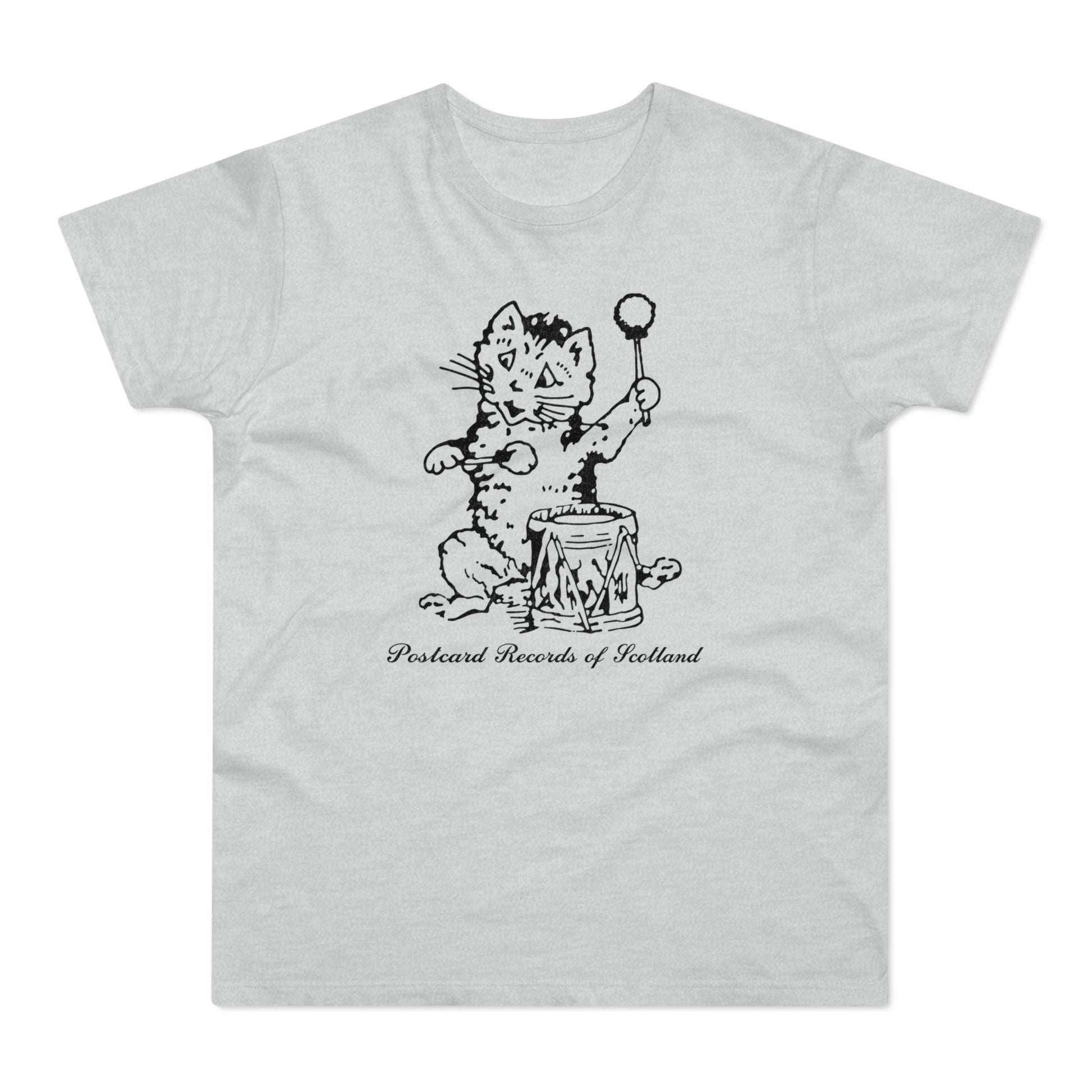 T-shirt with black graphic of a cat playing a drum, "Postcard Records of Scotland" text.