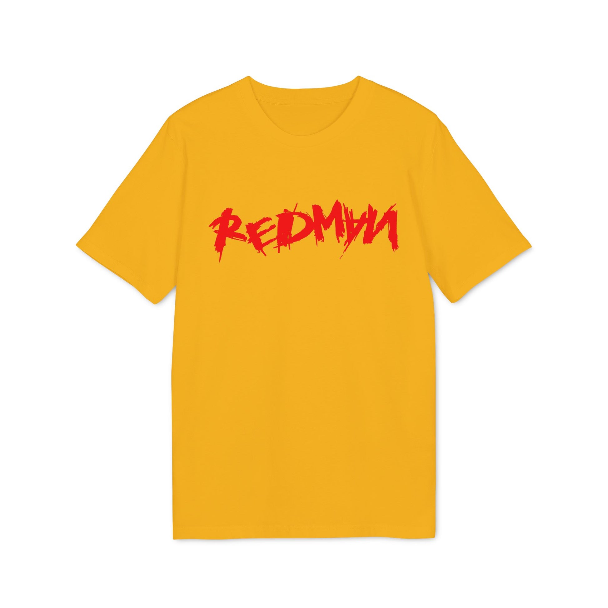 Yellow t-shirt with red "REDMYN" text in a distressed brush stroke font.