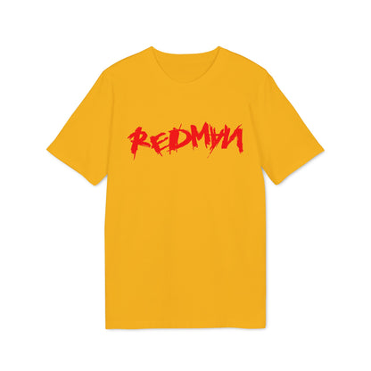 Yellow t-shirt with red "REDMYN" text in a distressed brush stroke font.