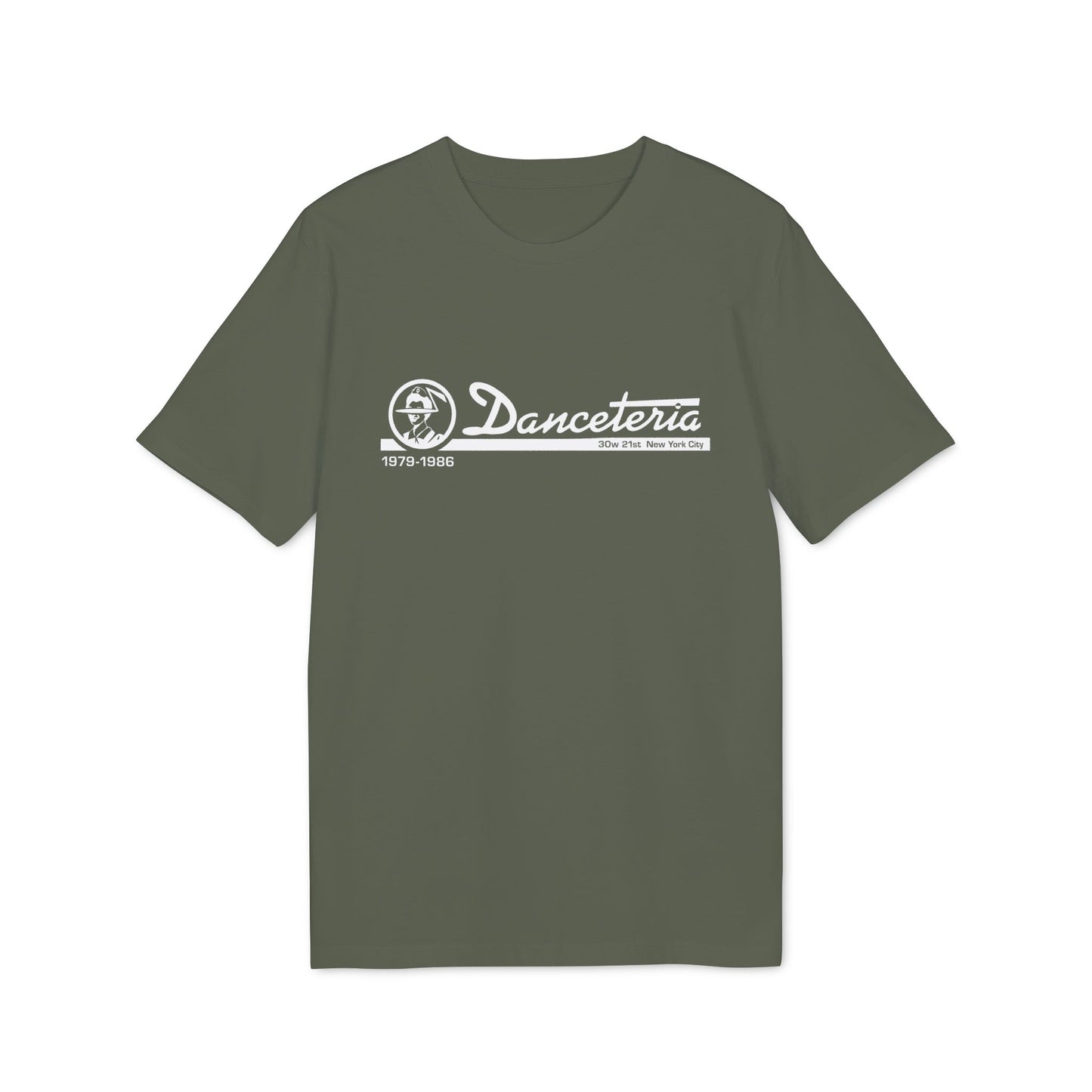 Green t-shirt with white Danceteria logo, 30w 21st New York City, and 1979-1986.