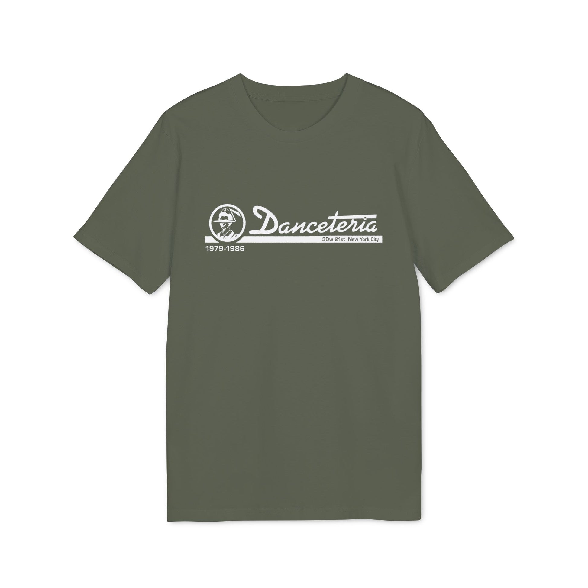 Green t-shirt with white Danceteria logo, 30w 21st New York City, and 1979-1986.