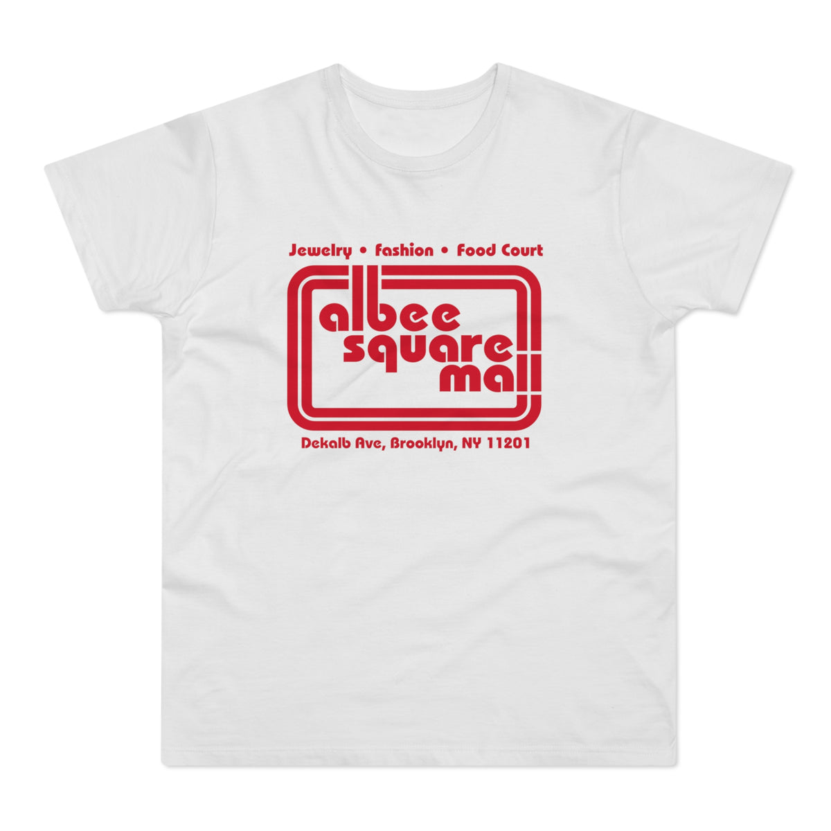 White t-shirt with red Albee Square Mall logo and address.