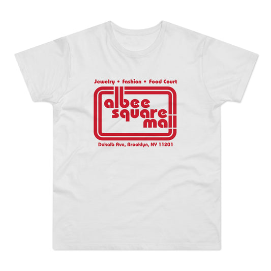 White t-shirt with red Albee Square Mall logo and address.
