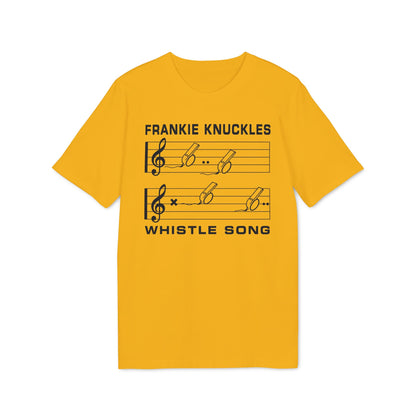 Frankie Knuckles Whistle Song printed on a yellow t-shirt.