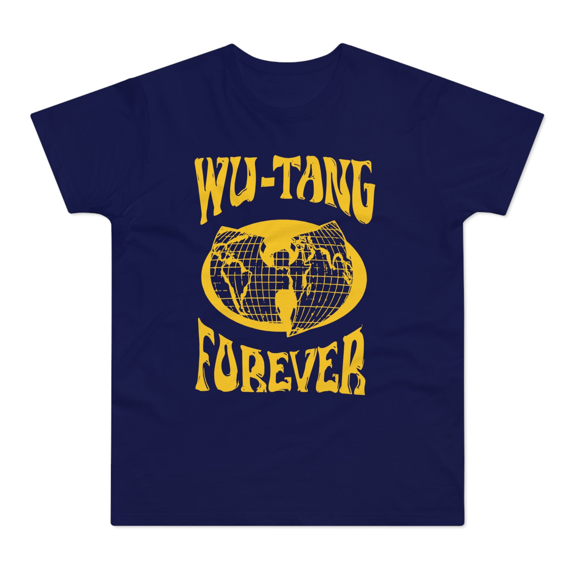 Navy t-shirt with yellow "WU-TANG FOREVER" text and globe logo.