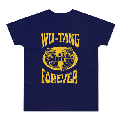 Navy t-shirt with yellow "WU-TANG FOREVER" text and globe logo.