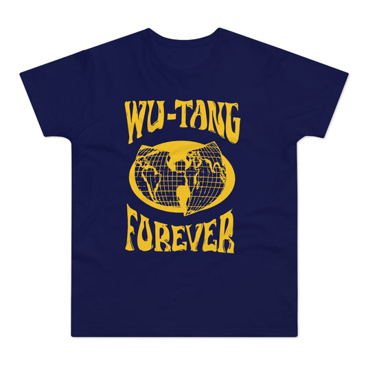 Navy t-shirt with yellow "WU-TANG FOREVER" text and globe logo.