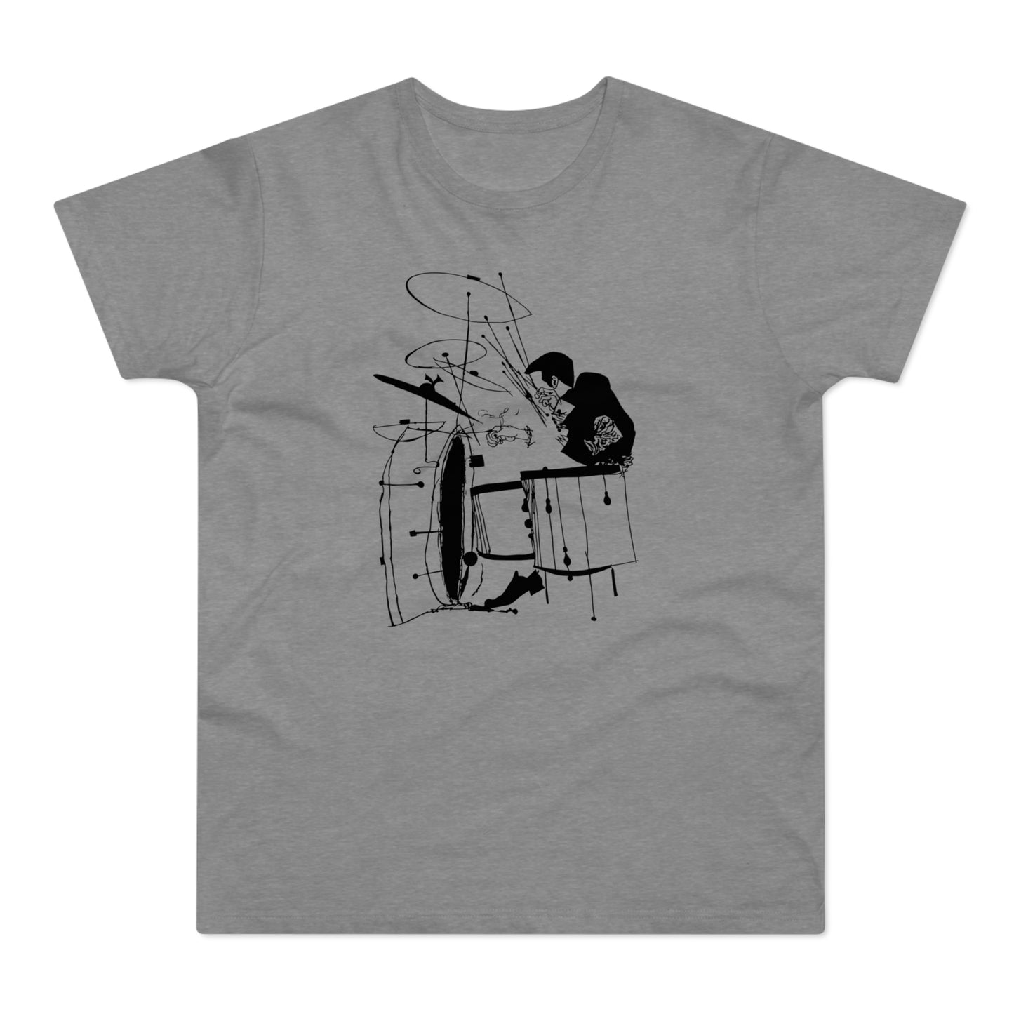 Black line art of a drummer playing a full drum kit on a grey t-shirt.