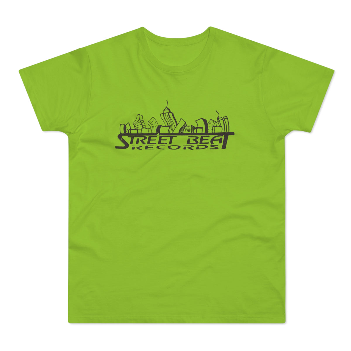 Lime green t-shirt with "Street Beat Records" text and city skyline graphic.
