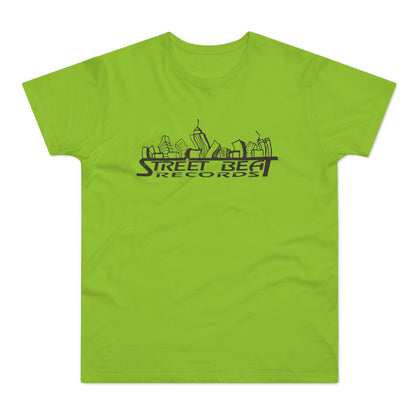 Lime green t-shirt with "Street Beat Records" text and city skyline graphic.