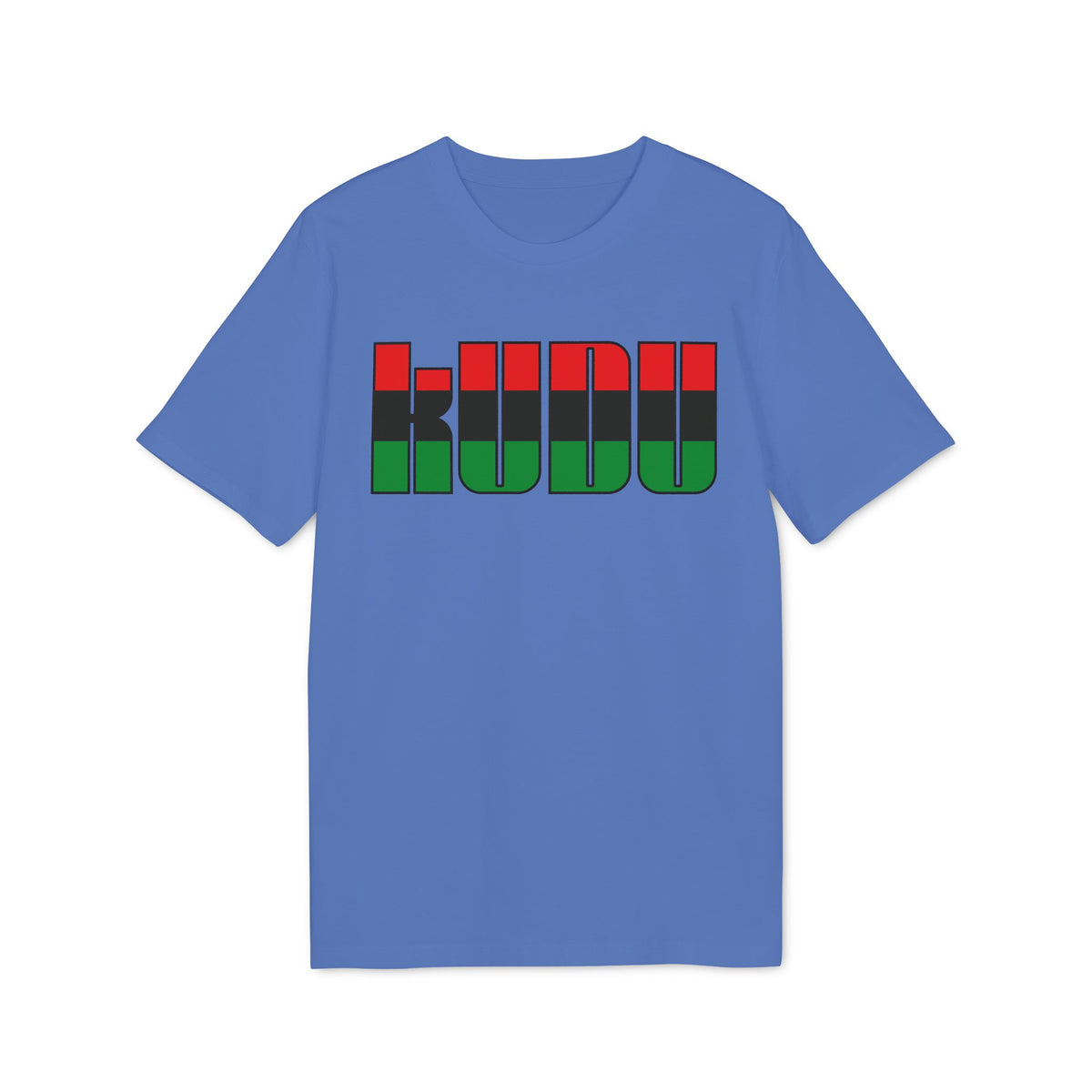 Blue t-shirt with the word "KUBU" in bold black letters filled with red, black, and green stripes.