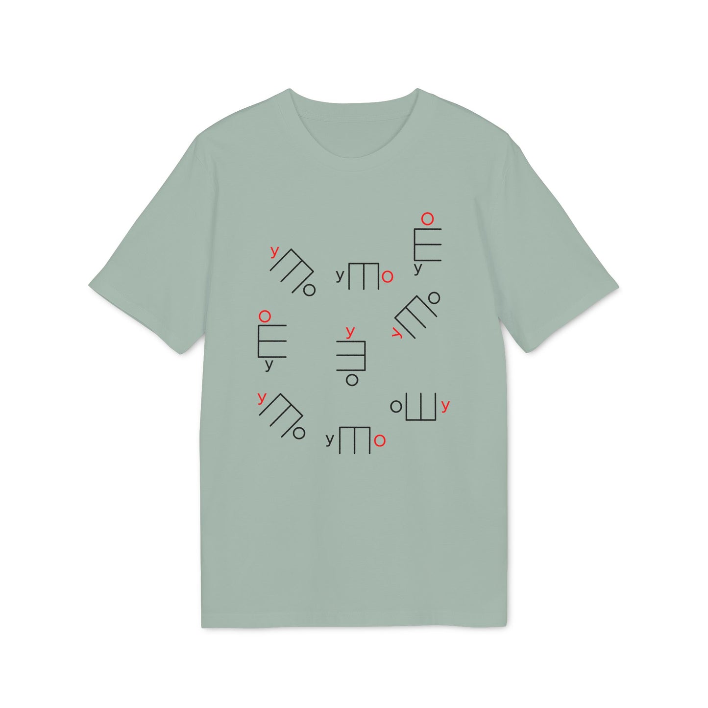 T-shirt with scattered abstract linear designs in black and red.