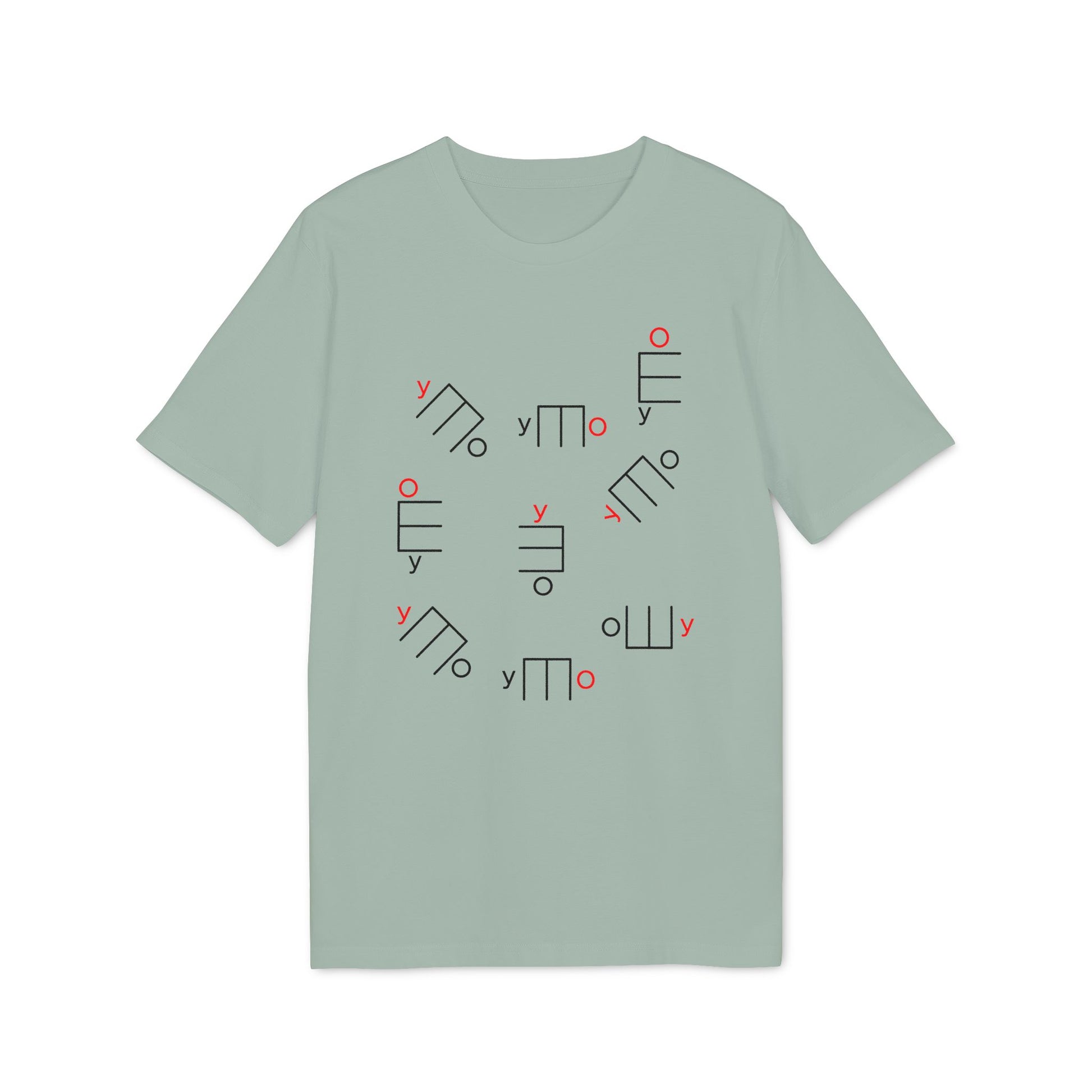 T-shirt with scattered abstract linear designs in black and red.