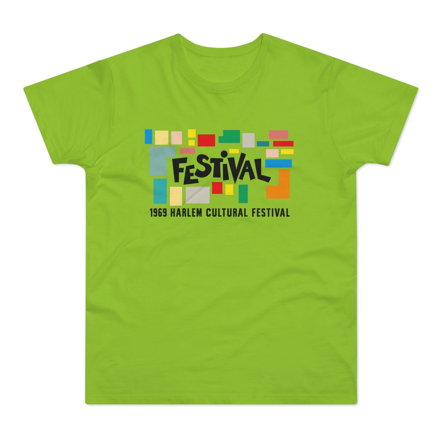 Green t-shirt with "Festival" and "1969 Harlem Cultural Festival" text.
