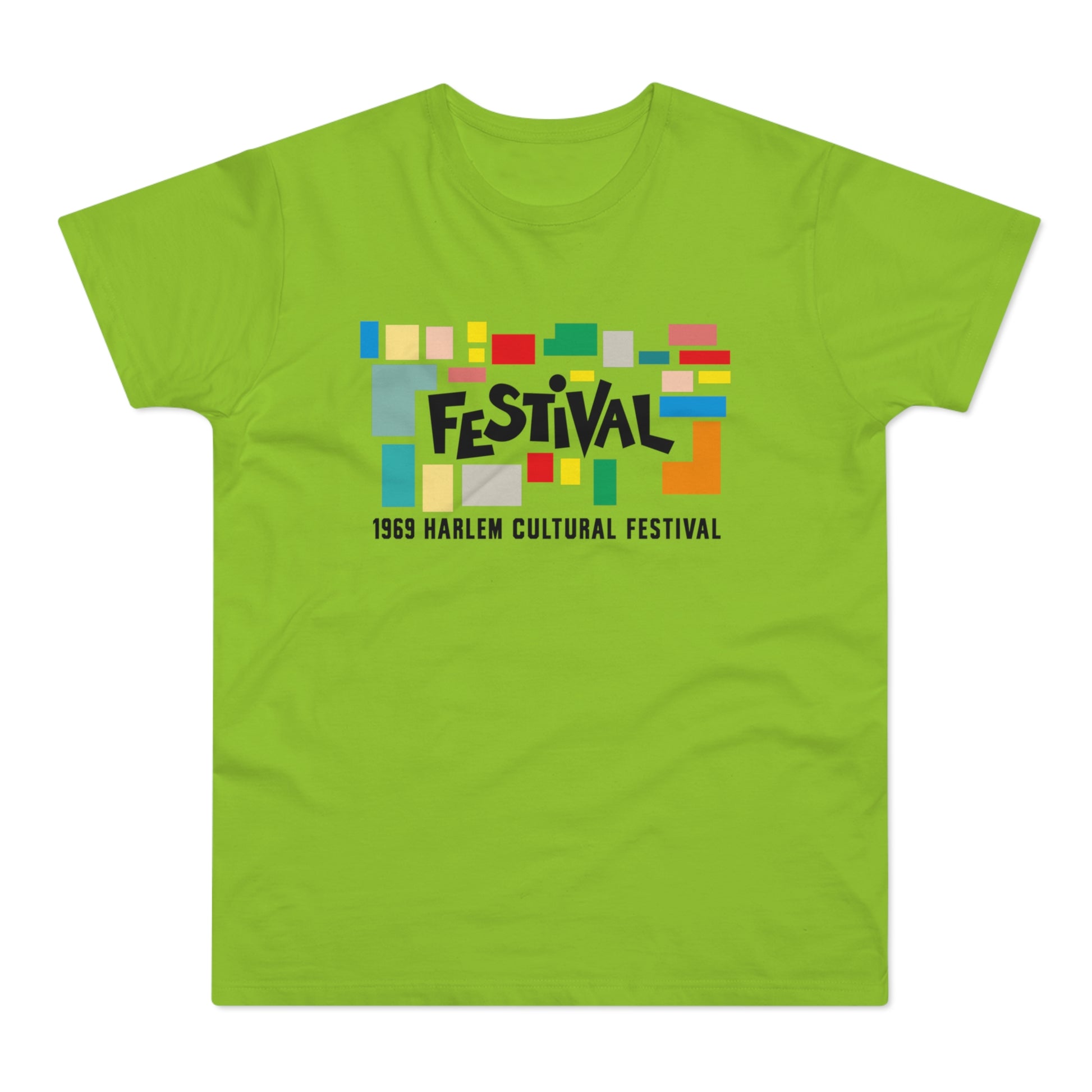 Green t-shirt with "Festival" and "1969 Harlem Cultural Festival" text.