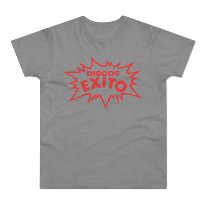 Gray t-shirt with red "Discos Exito" text in a starburst design.