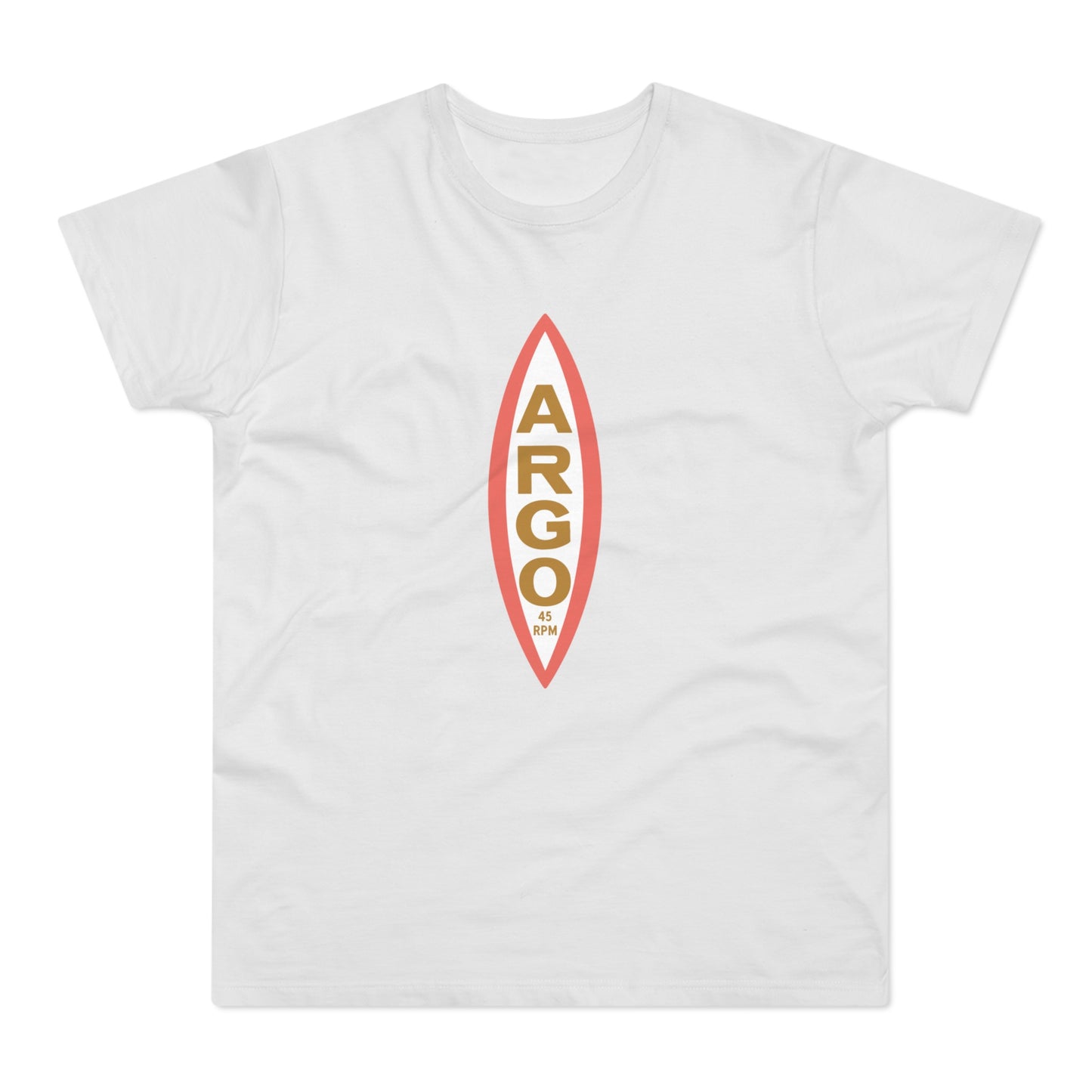 White t-shirt with vertical ARGO 45 RPM text within an oval graphic.