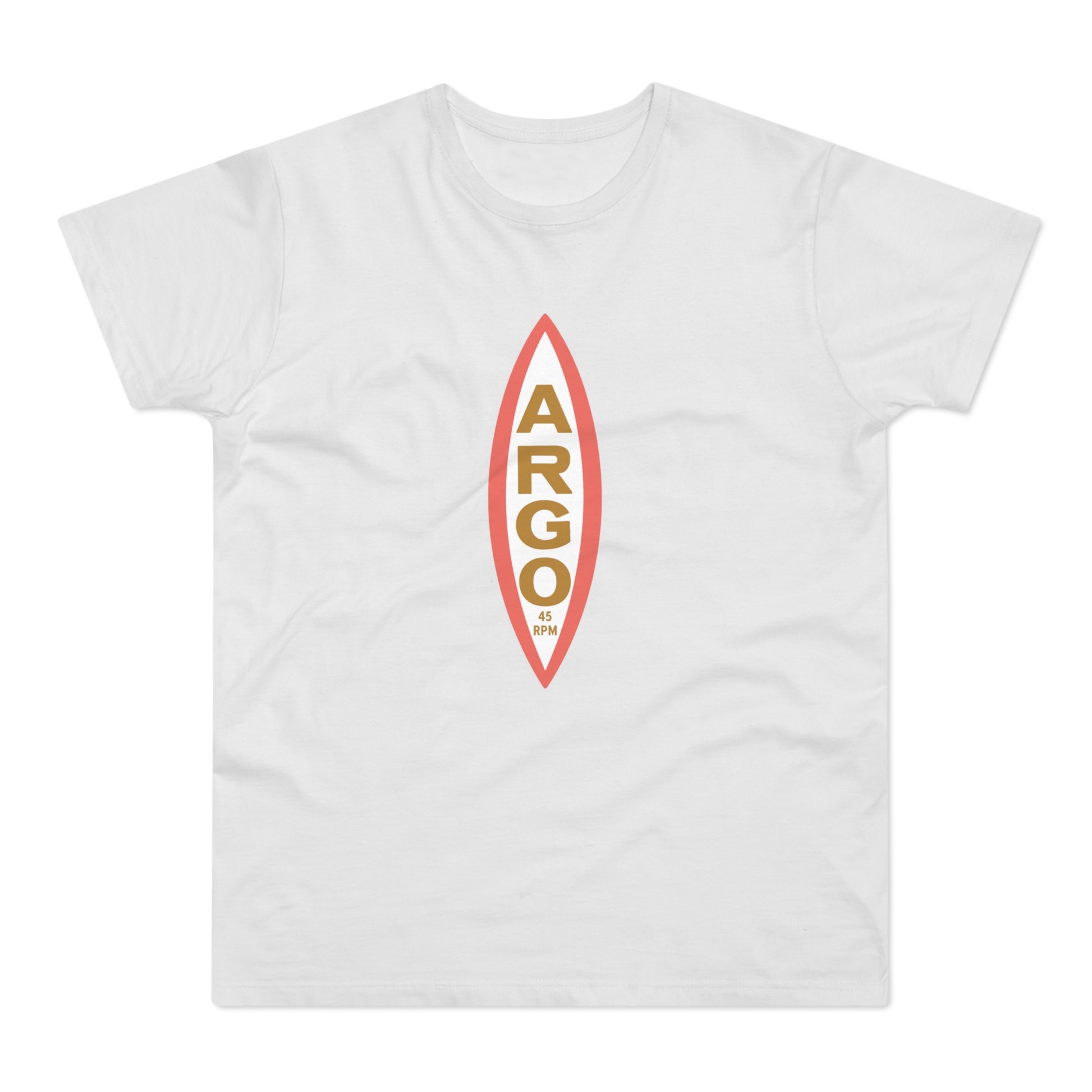 White t-shirt with vertical ARGO 45 RPM text within an oval graphic.