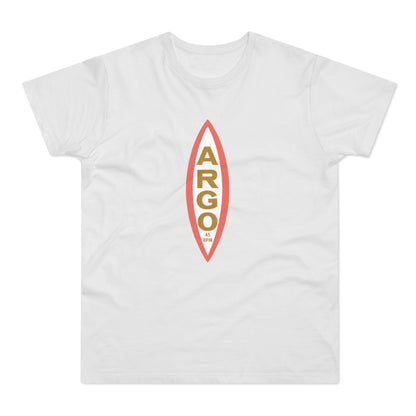 White t-shirt with vertical ARGO 45 RPM text within an oval graphic.