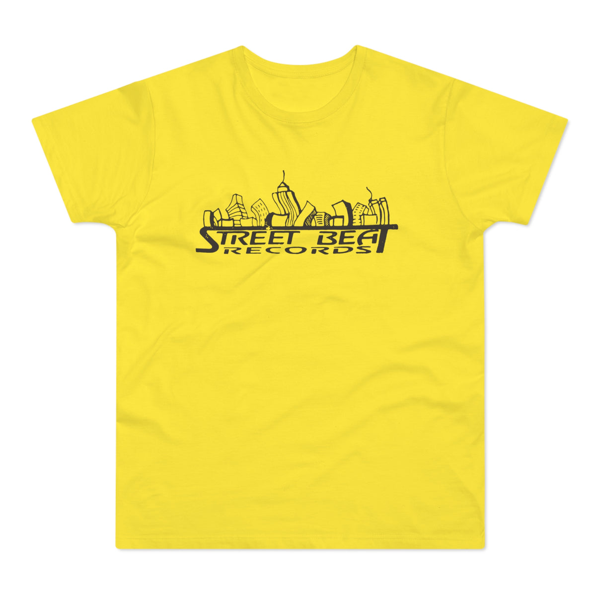 Yellow t-shirt with black "Street Beat Records" text and city skyline graphic.