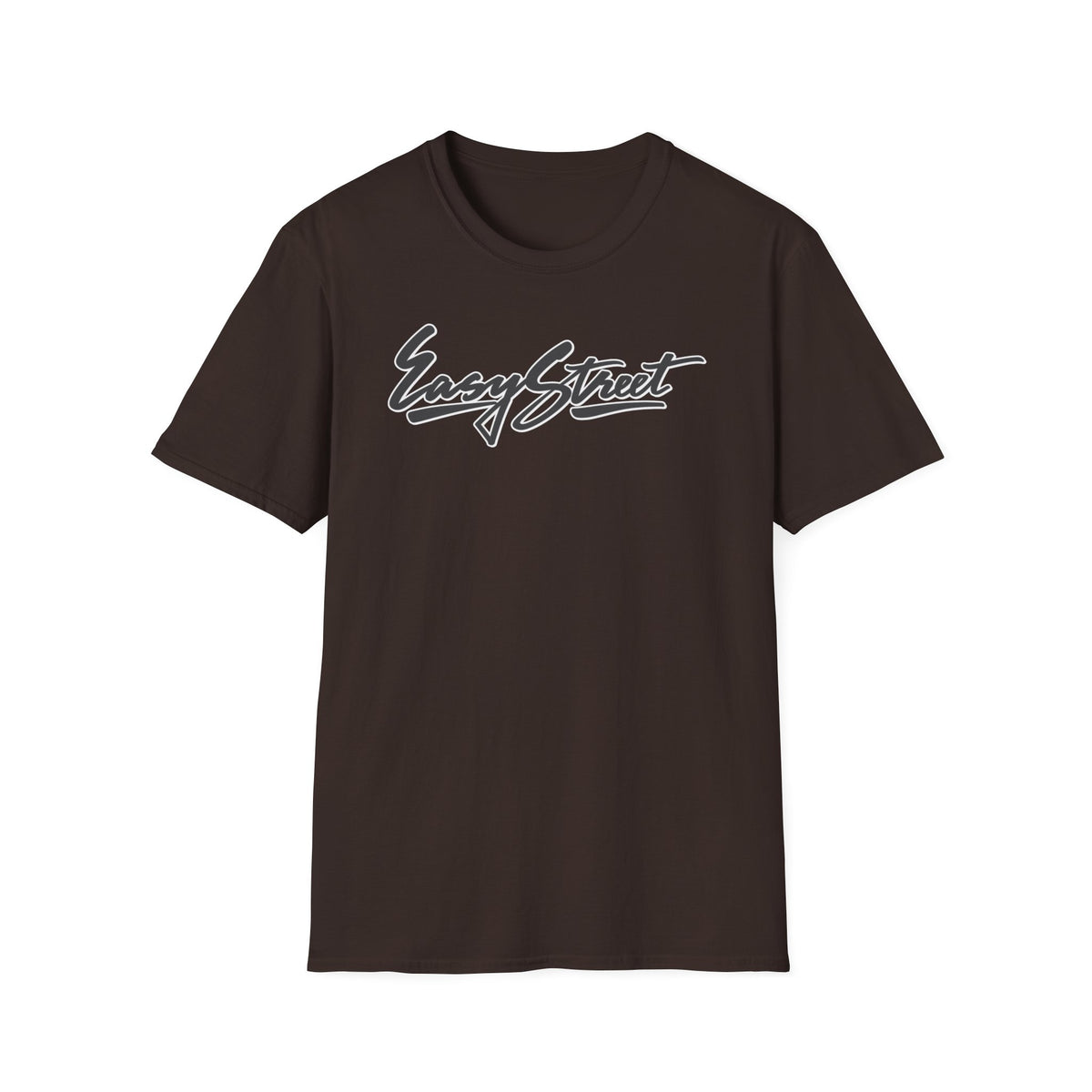 Brown t-shirt with white "Easy Street" script logo on the chest.