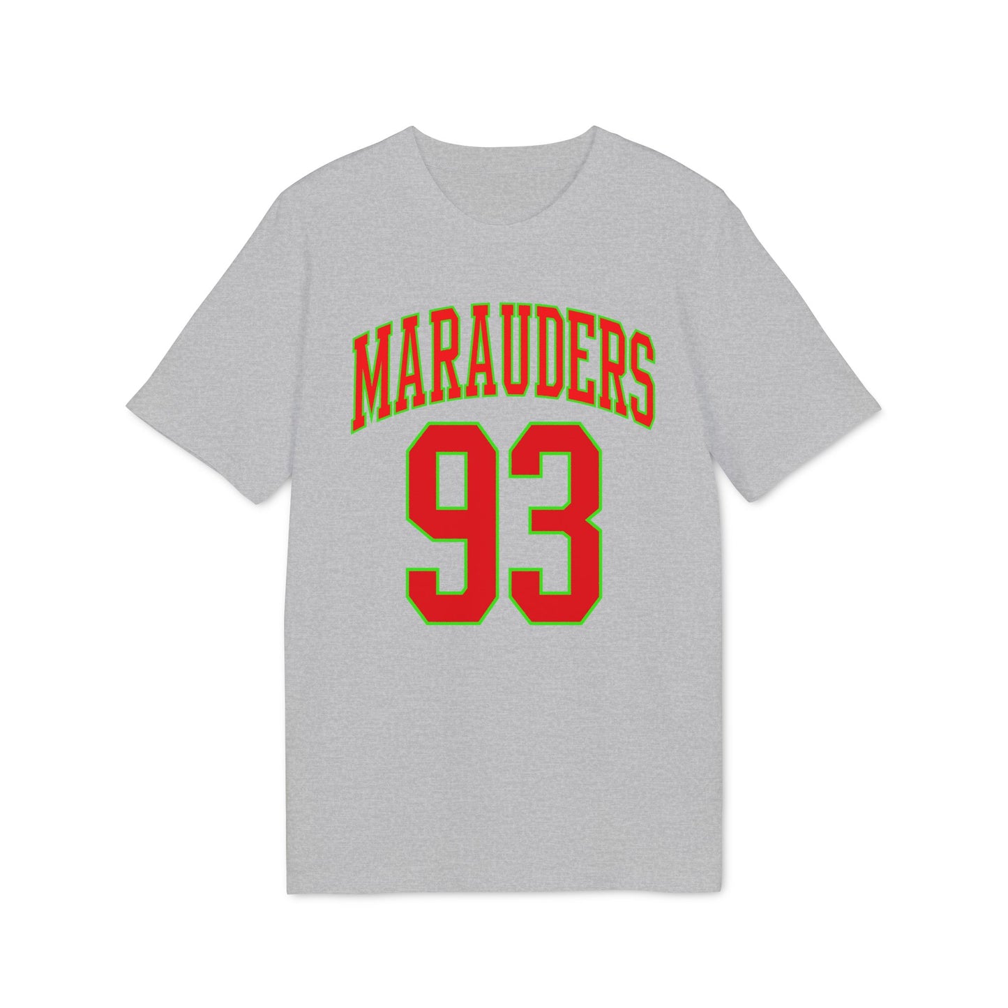 Grey t-shirt with "Marauders 93" in red and green lettering.