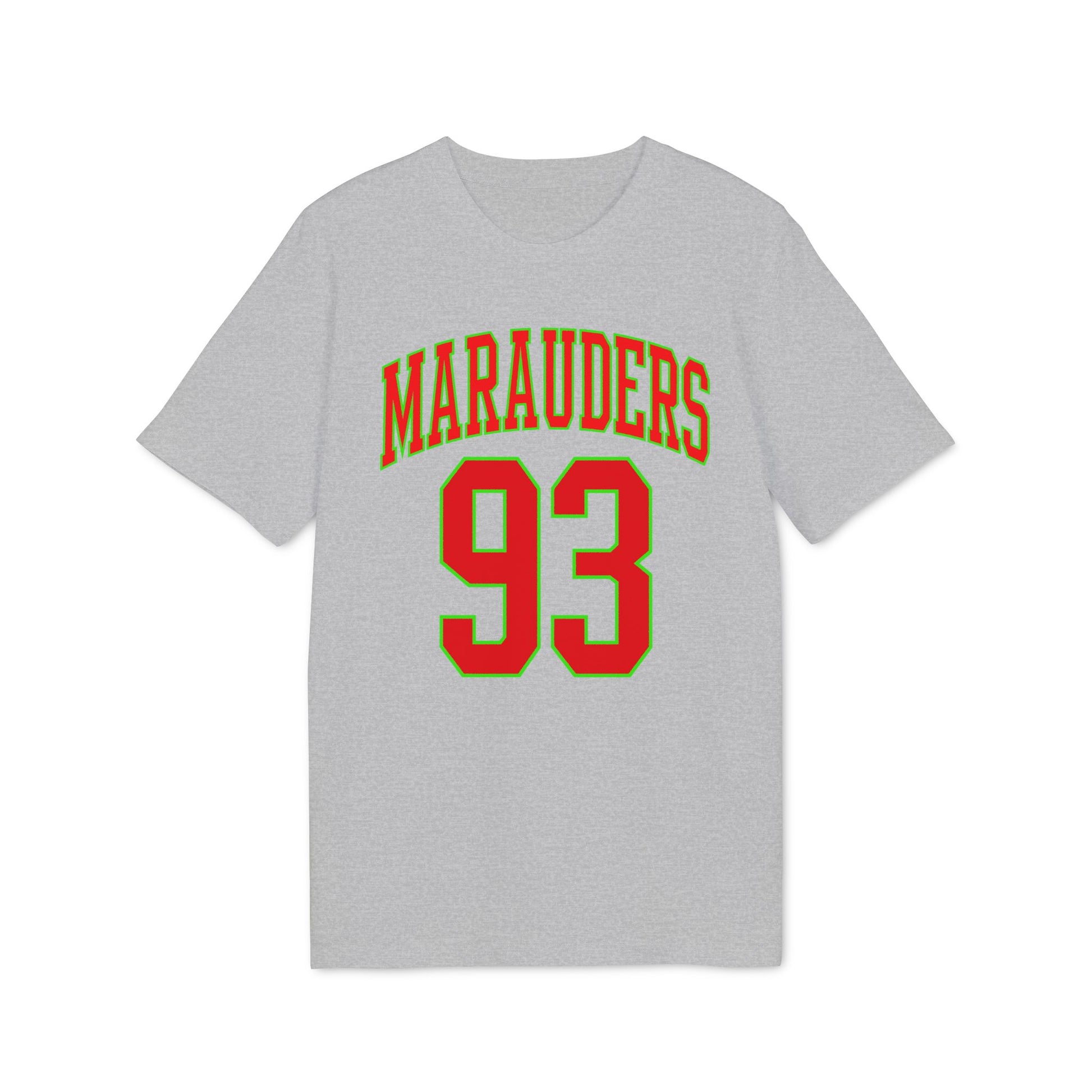 Grey t-shirt with "Marauders 93" in red and green lettering.