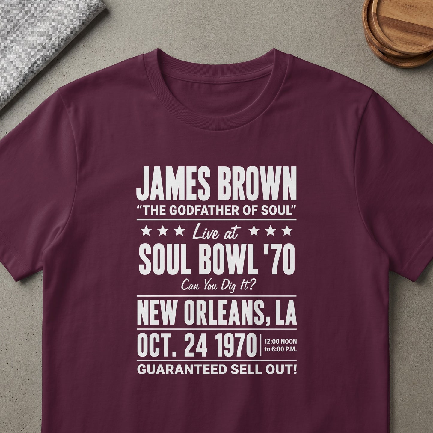 James Brown Soul Bowl '70 T-shirt with New Orleans, Oct 24, 1970 details.